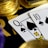 A close-up view of playing cards, specifically a Queen and a Ten of spades, surrounded by shiny gold coins and part of a poker chip, suggesting a gambling or casino theme.